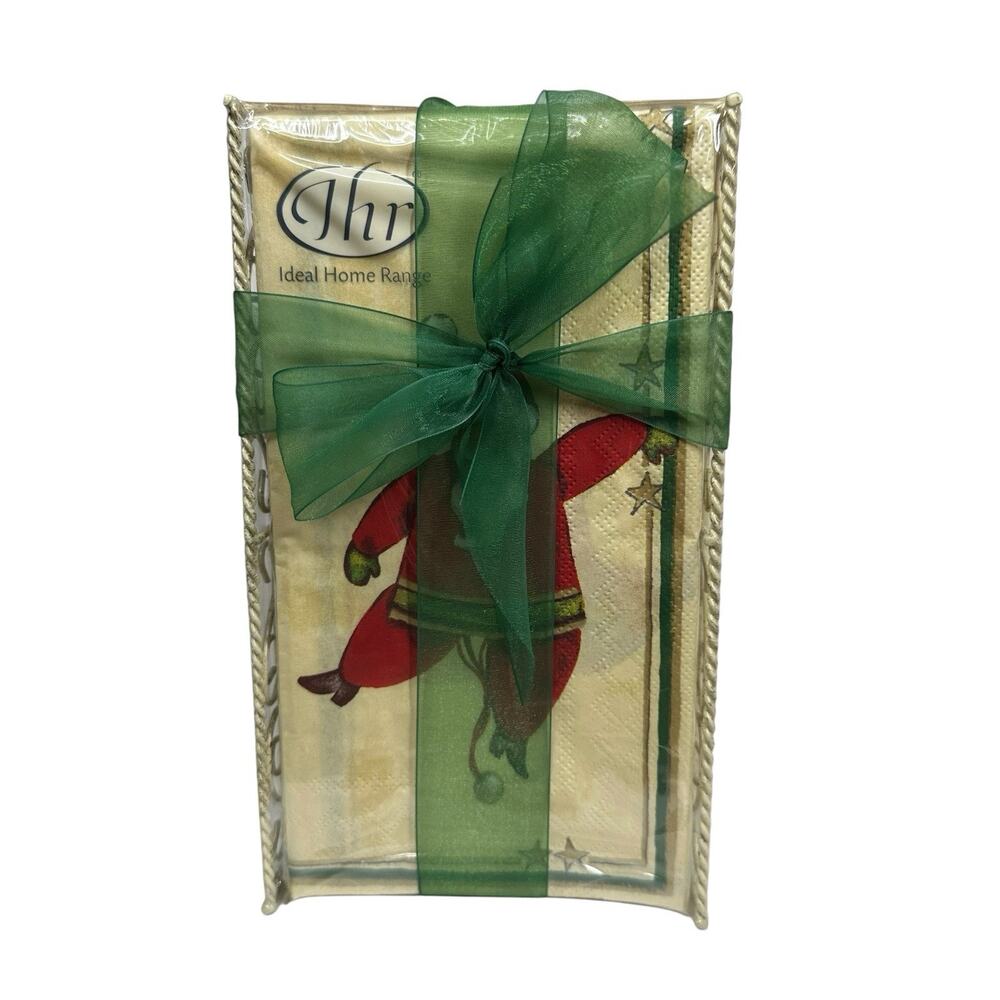 NEW Ideal Home Range IHR Christmas Santa 16 Buffet Dinner Napkins w/Metal Holder